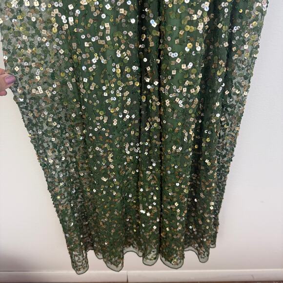 Mac Duggal Womens Draped Flutter Sleeve V-Neck Long Green Sequin Evening Gown 2 - Picture 6 of 11